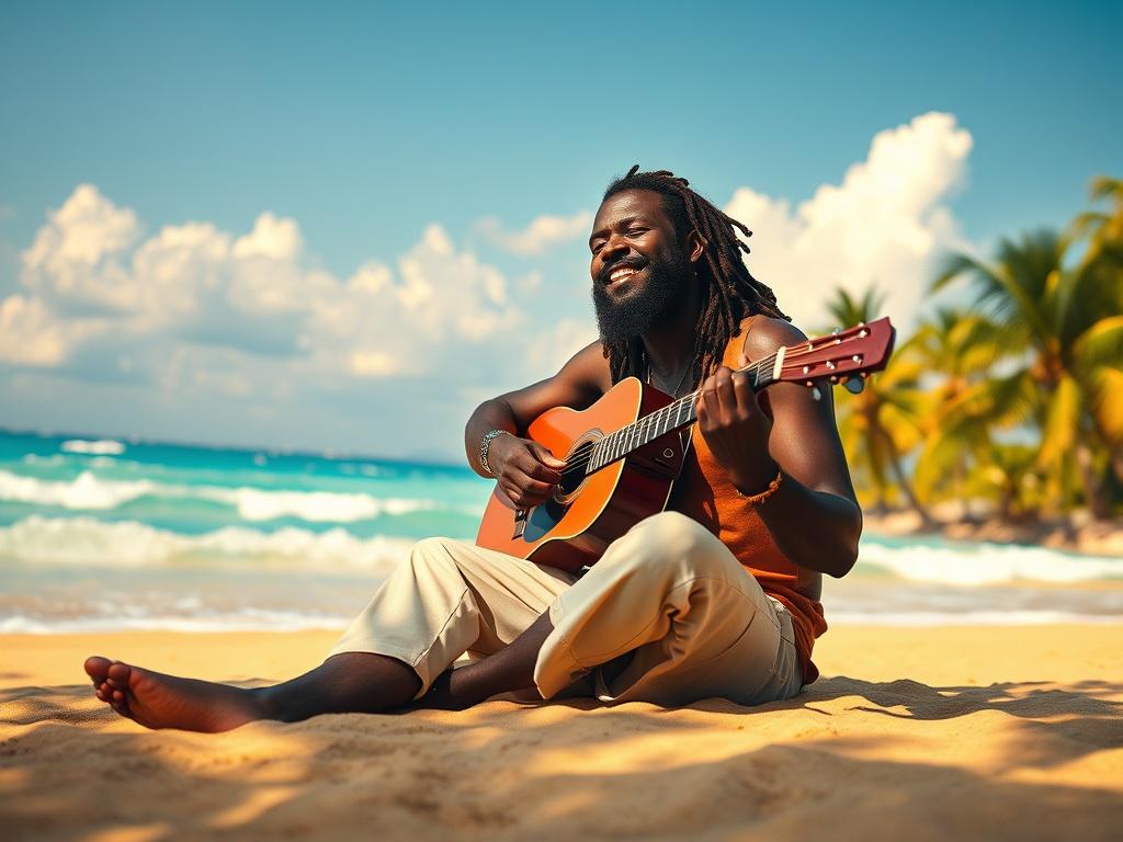Create a realistic high-resolution photo that embodies the essence of the blog titled "The Healing Power of Reggae Music." The composition should be minimalistic and focused, featuring a solitary musician sitting peacefully on a sunlit beach, playing an acoustic guitar. The musician, of African descent, should be deeply immersed in the strumming of reggae rhythms, embodying a sense of tranquility and connection to nature. 

In the background, vibrant turquoise waves gently lap against the golden shore, with
