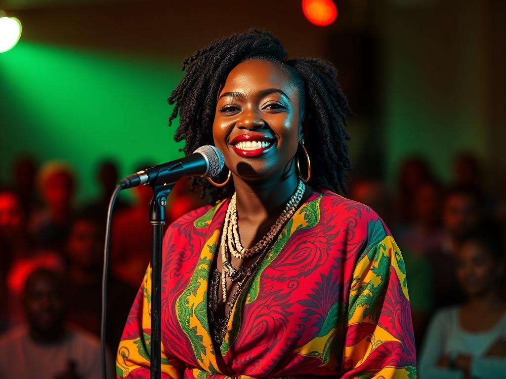 Create a realistic high-resolution photo featuring a vibrant portrait of soul and Afro pop sensation Mbali as she gets ready to perform at the Reggae Massive Fyah Radio Show this December. The composition should focus solely on Mbali, showcasing her confident and joyful expression as she stands in front of a microphone, dressed in a colorful, stylish outfit that reflects her unique musical identity. 

The background should be minimalistic yet lively, featuring soft, blurred silhouettes of a live audience, a