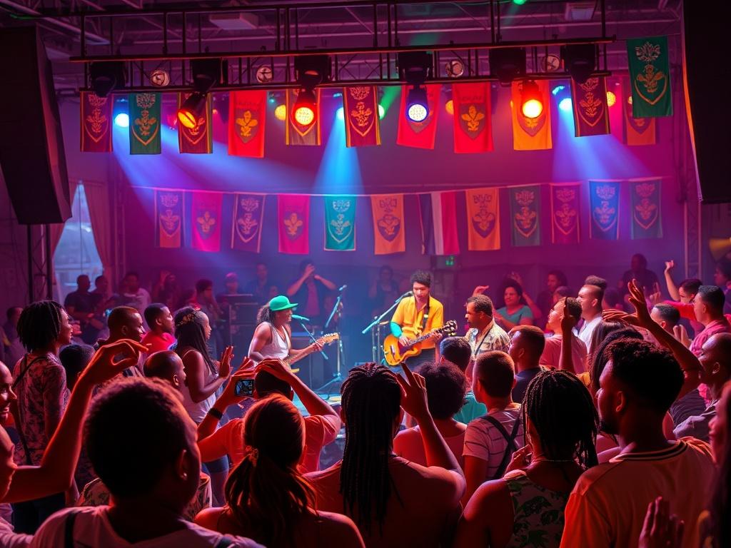 A vibrant reggae concert scene featuring a live band performing on stage with colorful lights illuminating the atmosphere. The audience is engaged and dancing, showcasing diverse individuals of all ages enjoying the music. The background is filled with colorful banners representing unity and cultural celebration, creating a lively and energetic environment.