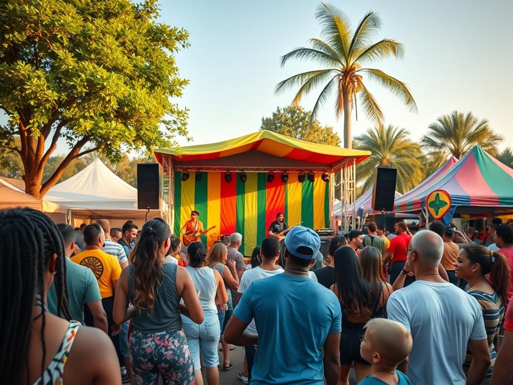 A lively outdoor festival scene featuring a diverse group of people enjoying reggae music. The focus is on a vibrant stage with a reggae band performing, surrounded by trees and colorful decorations. The atmosphere is joyful and energetic, conveying a sense of community and celebration. Bright colors dominate the scene, with attendees dancing and enjoying the moment. The background showcases a clear sky and festival tents, emphasizing the outdoor setting.
