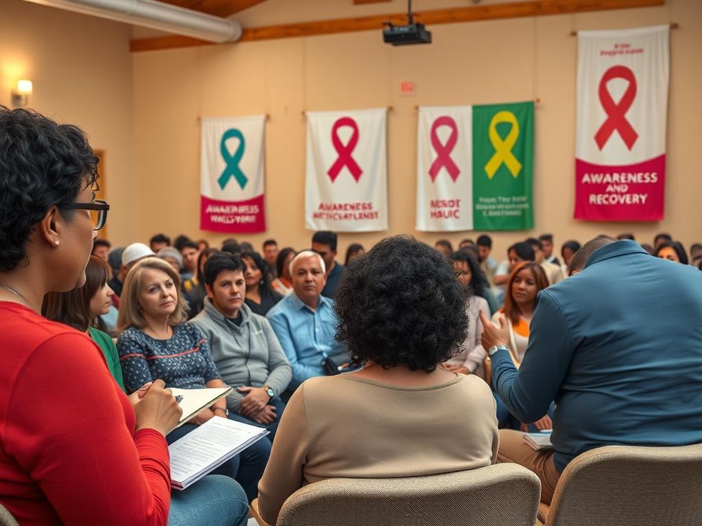 A high-resolution image of a diverse group of individuals gathered in a warm, inviting community hall. The setting is filled with soft lighting and comfortable seating, creating an atmosphere of openness and support. In the foreground, a speaker passionately addresses the audience, while attendees listen intently, taking notes. The background features banners with vibrant designs representing awareness and recovery, enhancing the positive and hopeful vibe of the event.