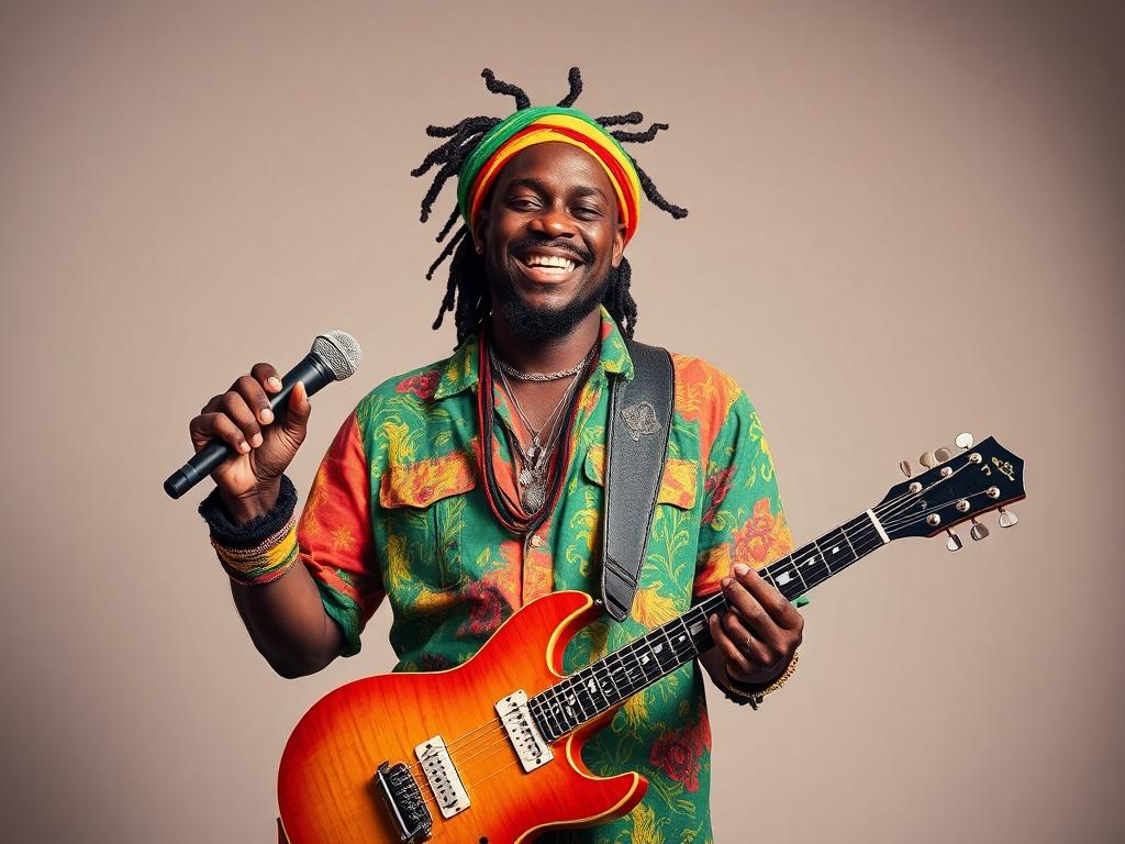 A vibrant portrait of Rasbamboofyah, a reggae artist, standing confidently with a microphone in one hand and a guitar in the other. He is dressed in colorful reggae attire, with a lively expression that embodies passion and energy. The background features a subtle blend of musical notes and symbols, representing his connection to music and community awareness. The image should convey positivity and inspiration, utilizing bold vibrant colors that resonate with the reggae culture.