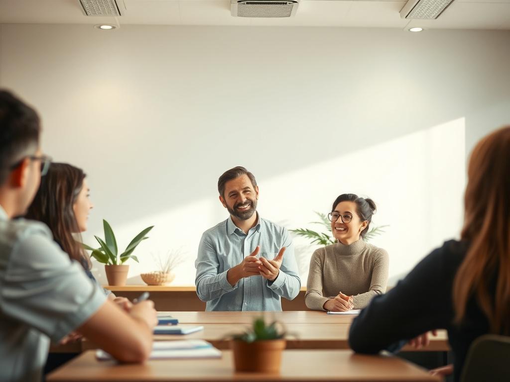 A serene and inviting classroom setting with a single instructor