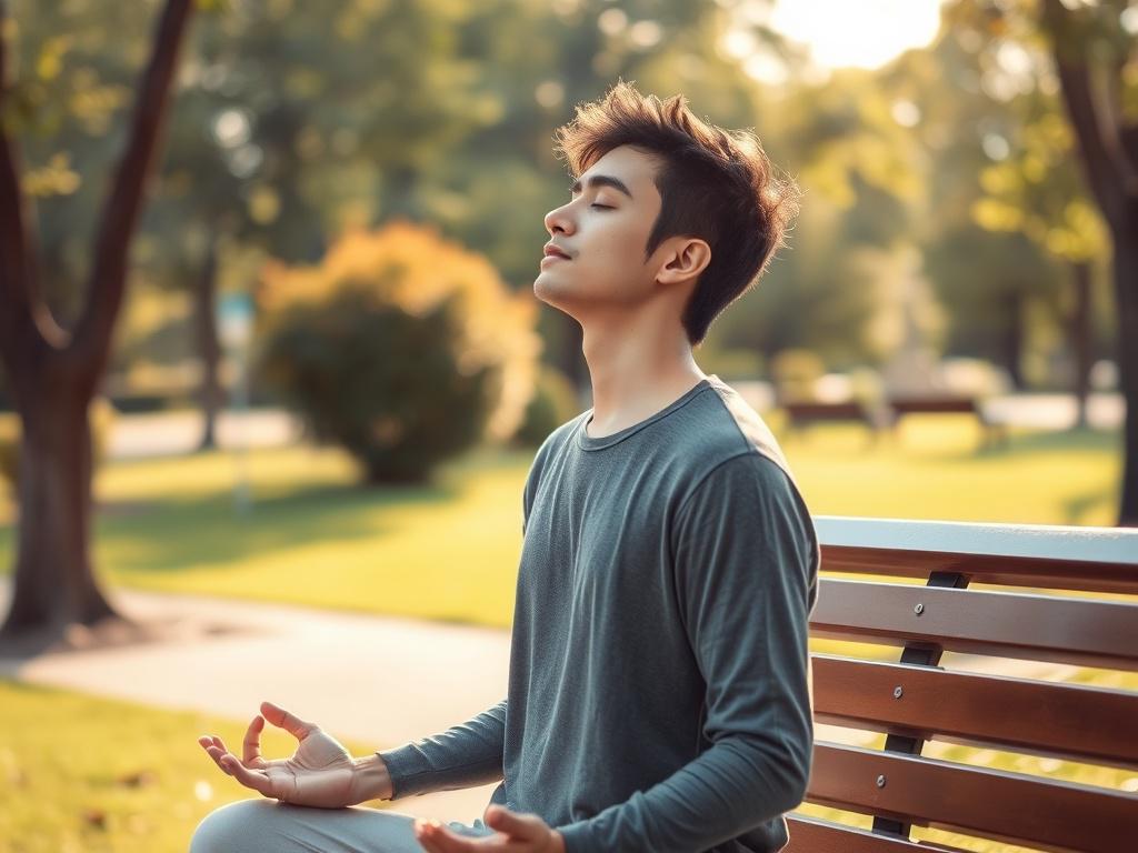 A calm outdoor scene showing a person practicing mindfulness in