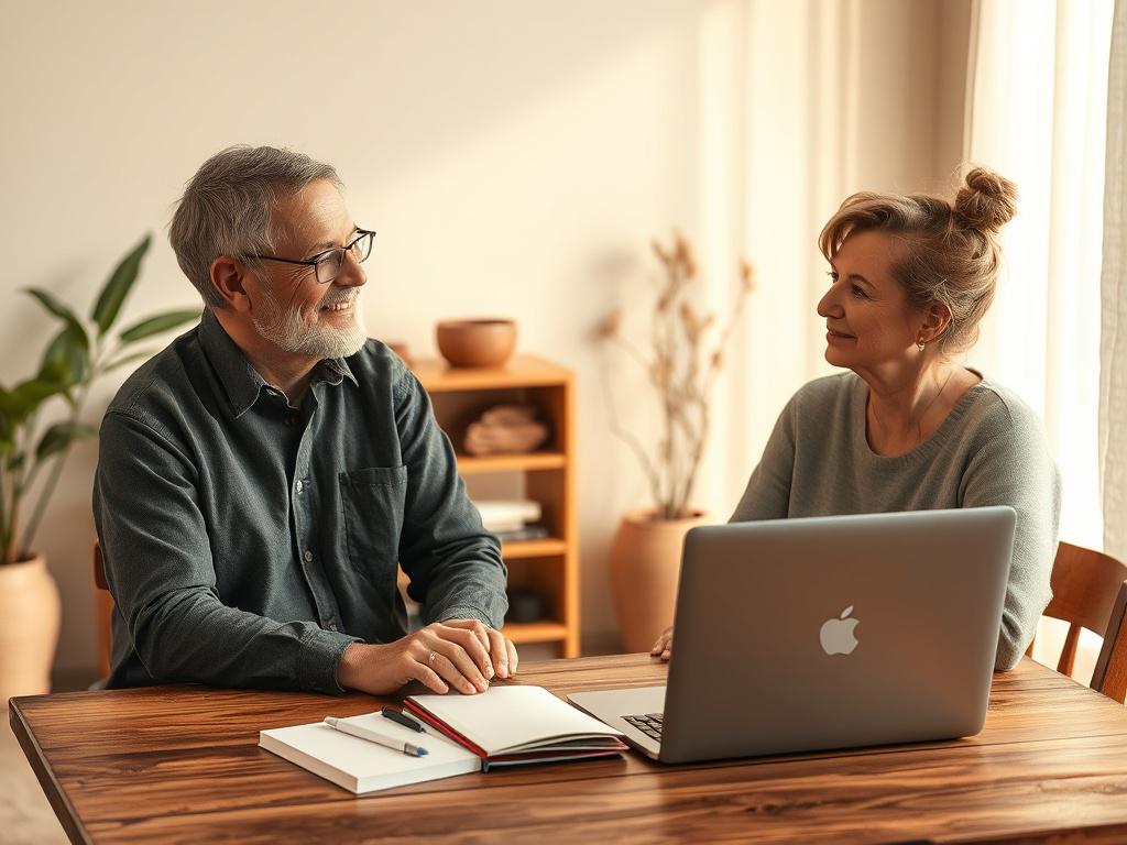 A serene and inviting setting depicting a single person engaged in a thoughtful discussion with a mentor. The background features soft, natural lighting with a peaceful atmosphere, incorporating warm earth tones that evoke comfort and trust. The subject should be a middle-aged person with a welcoming expression, seated at a simple wooden table with notebooks and a laptop, suggesting an environment conducive to learning and growth.