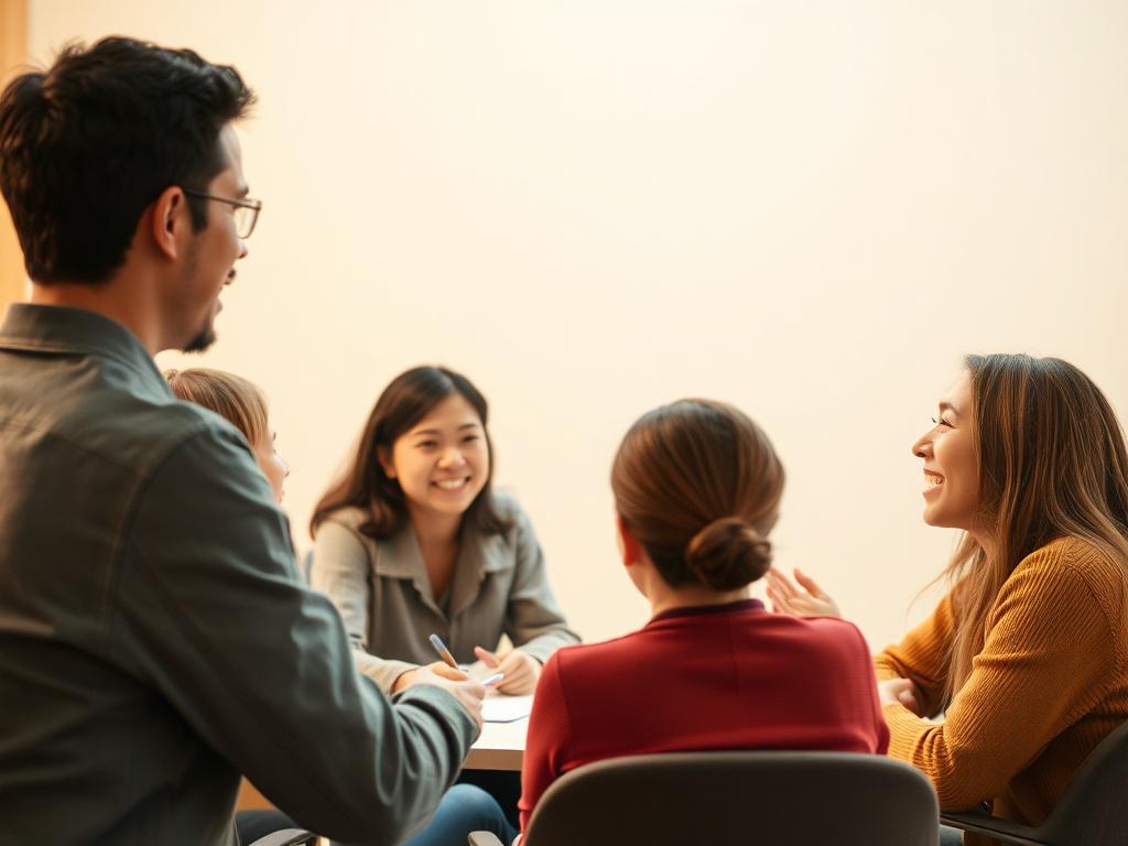 A dynamic group setting with participants engaged in a communication workshop. One person is leading the discussion while others are actively participating. The atmosphere is lively, with expressions of enthusiasm and focus. The background is soft and warm, creating a comfortable space for open dialogue.
