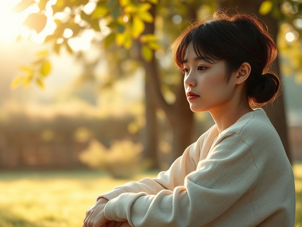 A serene and peaceful scene depicting a person sitting in a tranquil setting, engaging in self-reflection. The background features soft, natural elements like trees and gentle sunlight filtering through leaves. The subject is focused, with a calm expression, indicating deep thought. The color tones are soft and warm, creating an inviting atmosphere.