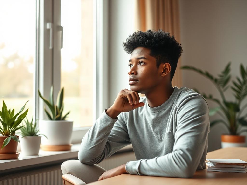 Create a realistic high-resolution image that captures the essence of personal development and strategies for career growth. The central subject should be a thoughtful individual seated at a desk, deep in contemplation. This person, a young adult of diverse ethnicity, should be gazing out of a large window, with a serene expression reflecting focus and ambition. 

The background should reveal a softly lit, minimalist workspace with natural elements—potted plants and neutral-toned decor that convey a sense o