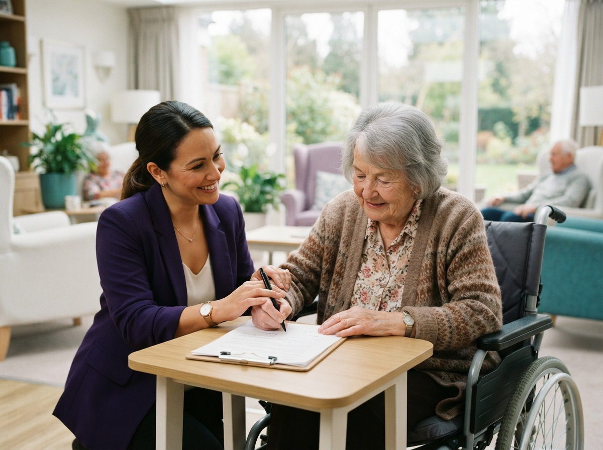 Mobile notary assisting an elderly resident with document signing in a bright nursing home lounge in Delaware