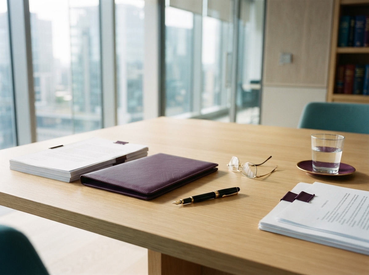 Legal documents, fountain pen, and leather portfolio arranged on a modern law firm conference table