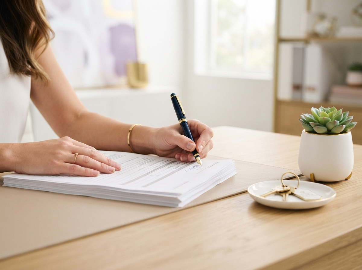 Hands signing mortgage loan closing documents with house keys on a bright modern desk