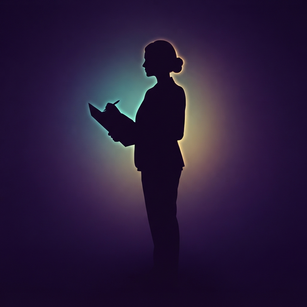 Silhouette of a healthcare professional turned notary holding a document folder and pen