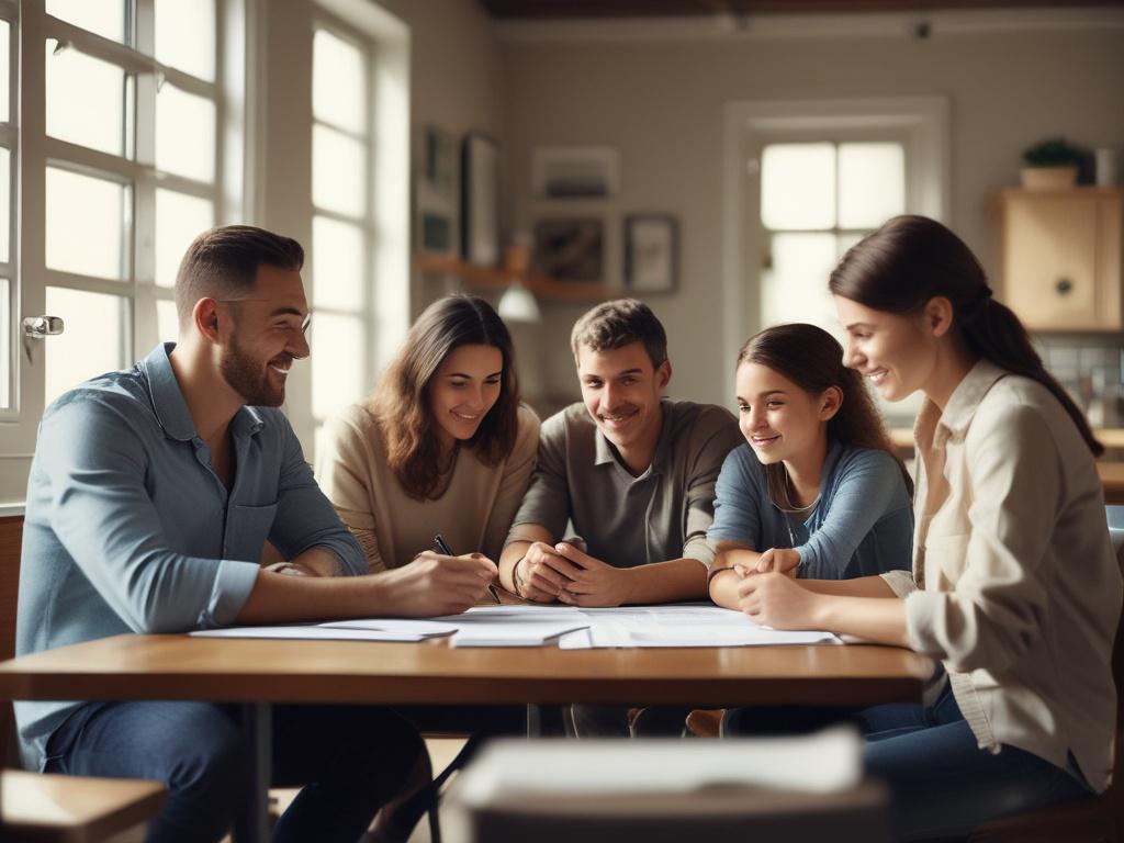 A close up shot of a family sitting at a