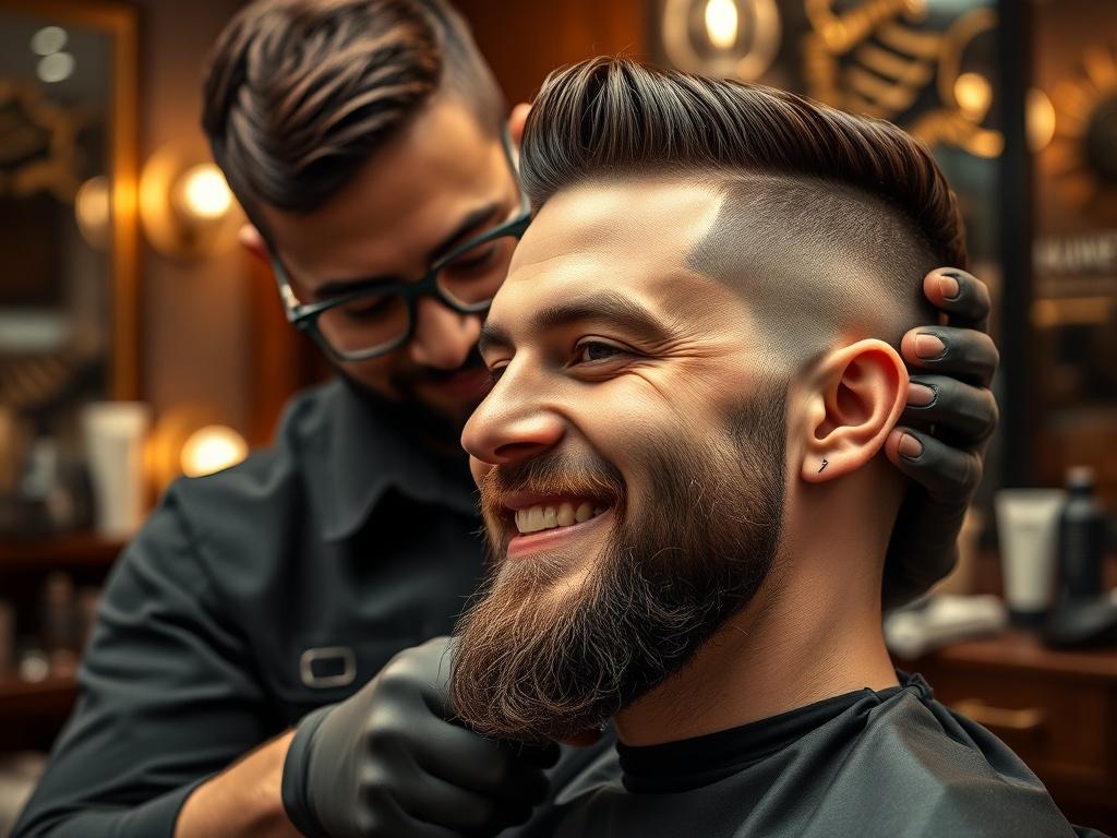 A close-up shot of a satisfied client receiving a haircut and beard trim simultaneously in a stylish barbershop. The barber is focused on the client, showcasing the attention and care given during the grooming process. The background includes elegant barbershop decor with well-arranged tools and products. The lighting should create a warm and inviting atmosphere, emphasising the comfort and quality of the grooming experience.