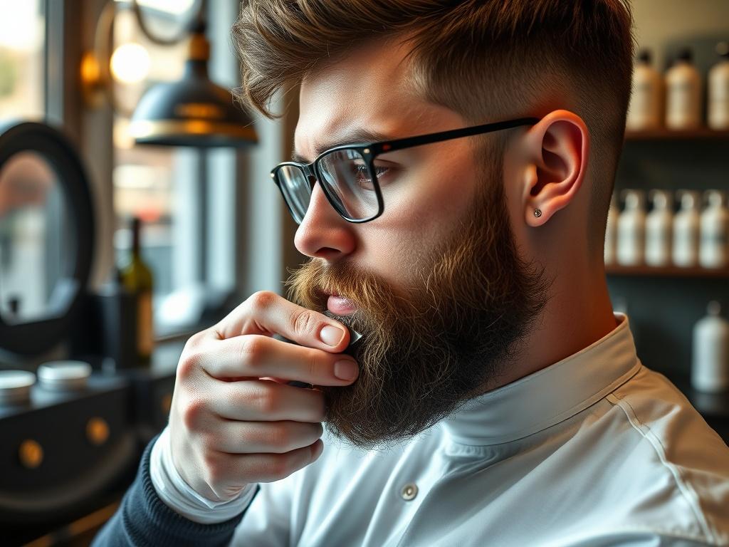 A close-up shot of a barber expertly sculpting a client's beard with precision tools in a stylish barbershop. The focus should be on the barber's hands and the beard, capturing the intricacy of the trimming process. The background features elegant barbershop equipment and decor, enhancing the luxurious atmosphere. Natural light should highlight the textures of the beard and the products used, conveying a sense of sophistication and care in grooming.