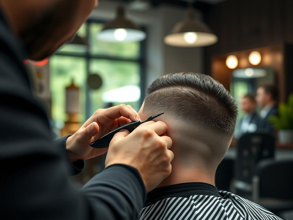 A close-up shot of a barber skillfully executing a fade haircut on a client in a modern barbershop setting. The focus is on the barber's hands and the hair being cut, capturing the precision and technique involved. The background is softly blurred, showcasing the stylish decor of the shop, with natural light illuminating the scene. The overall tone should convey professionalism and artistry in barbering, emphasising the attention to detail in the haircut process.