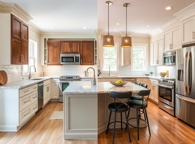 Before and after full kitchen remodeling showing transformation to modern design