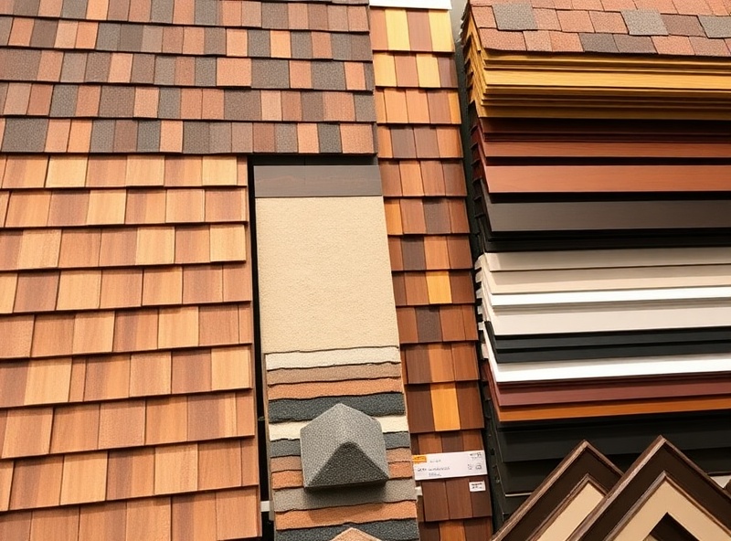 Exterior material samples for Texas homes including roofing and siding