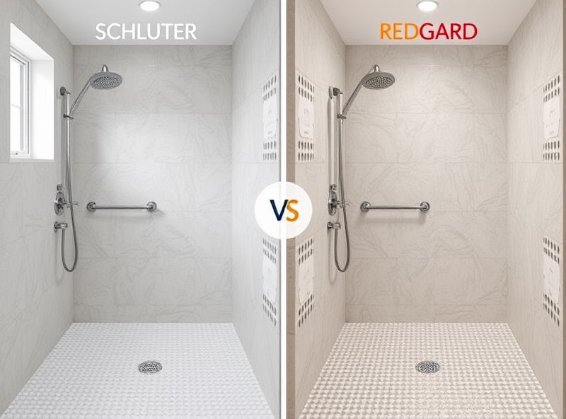 Schluter vs RedGard waterproofing comparison showing installation method differences