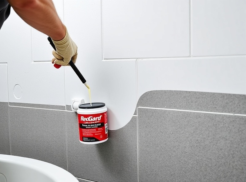 RedGard waterproofing product being applied to bathroom wall with professional technique