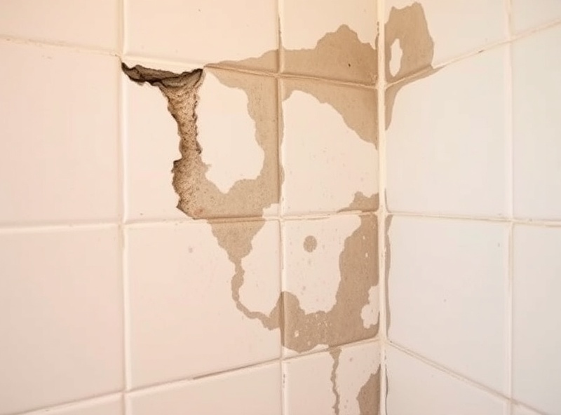 Moisture problem in bathroom wall showing water infiltration damage from improper waterproofing