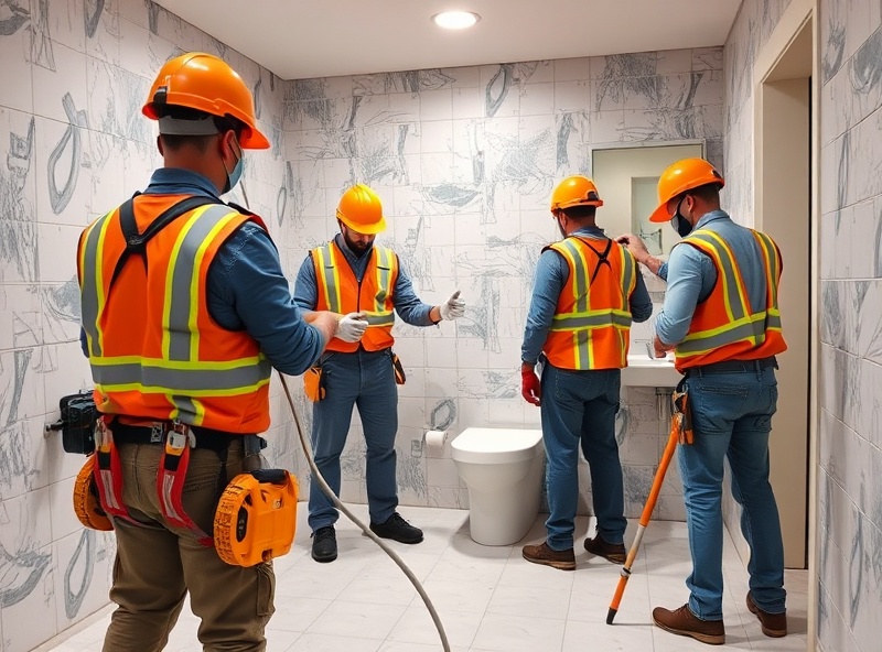 Professional construction team working on bathroom renovation with proper safety equipment