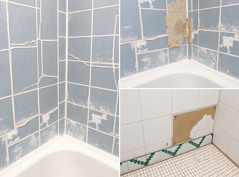 Bathroom tile failure examples showing cracked tiles and improper installation issues