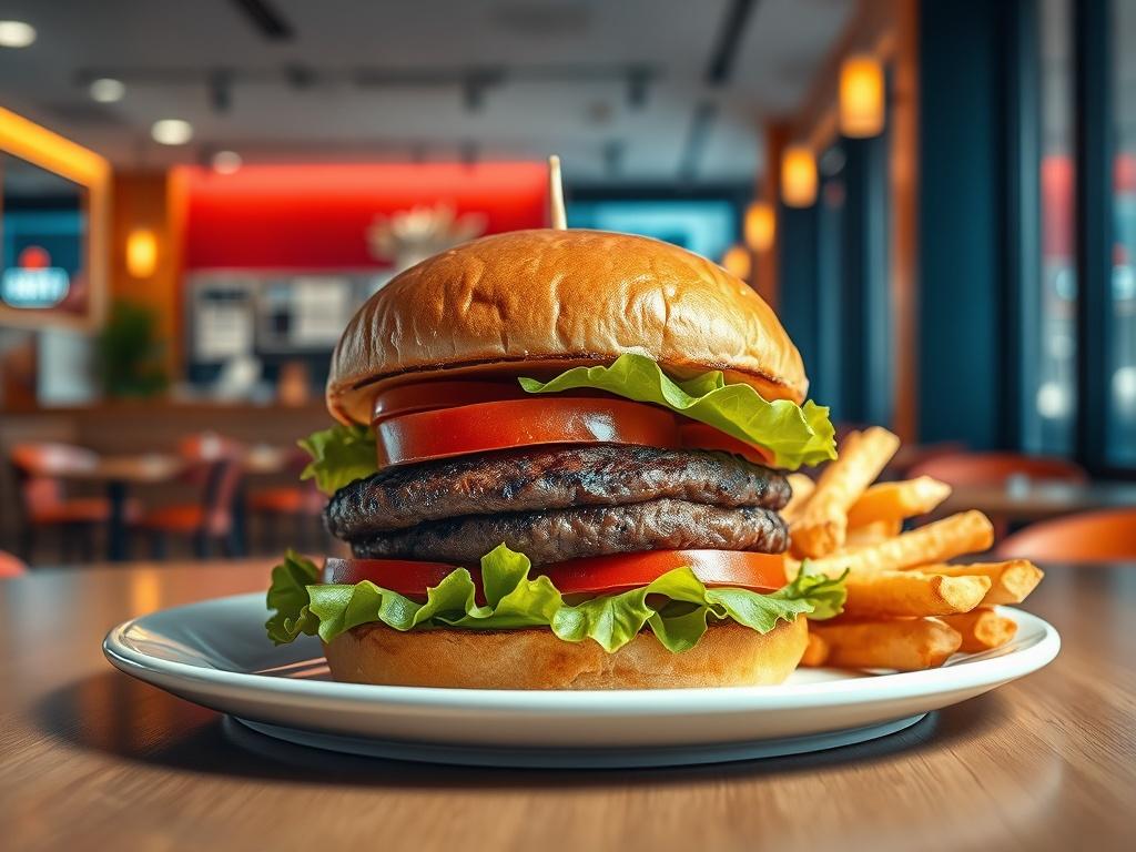A photorealistic image of a delicious, juicy burger with fresh