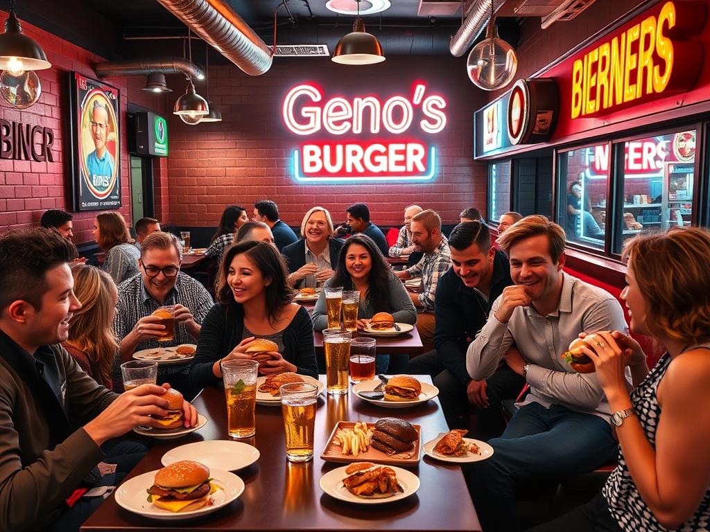 A bustling scene of diners enjoying their meals inside Geno's