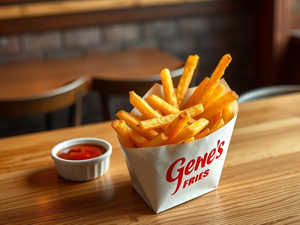A serving of golden, crispy Geno’s Fries in a white