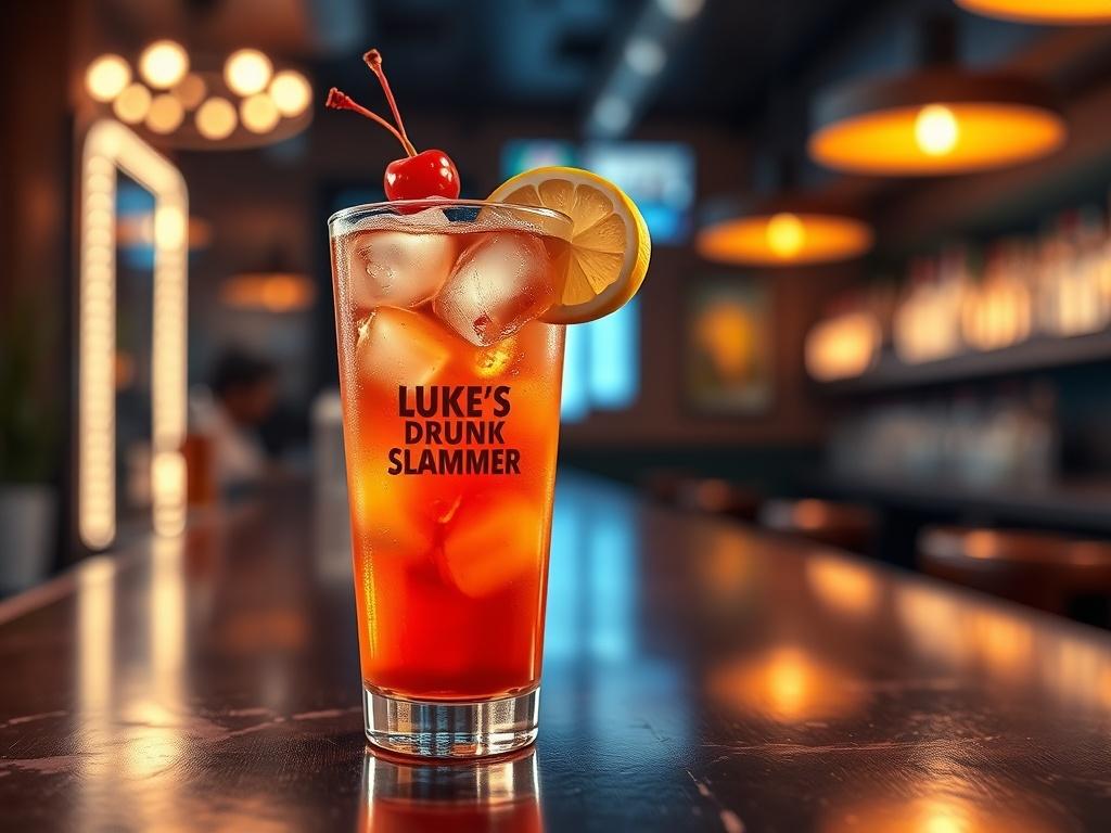 A vibrant glass of Luke’s Drunk Slammer cocktail on a