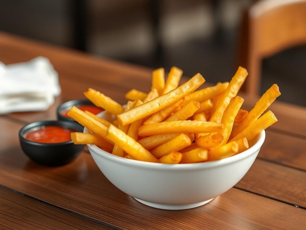 A serving of crispy golden fries in a white bowl,