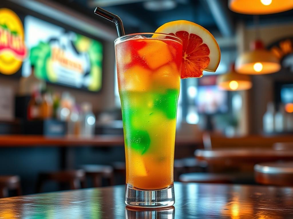 A vibrant Luke's Drunk Slammer cocktail in a tall glass,