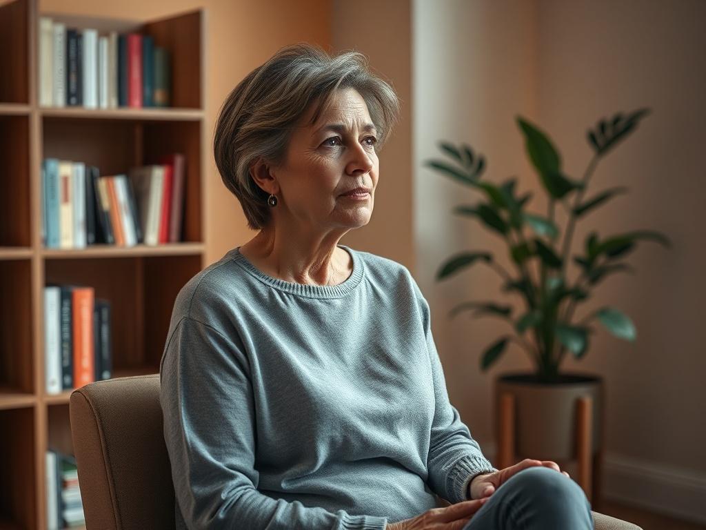 Create a hyper-realistic, high-resolution image featuring a single person seated in a serene, softly lit therapist’s office. The subject should be a middle-aged woman with a thoughtful expression, reflecting a moment of contemplation as she engages in a trauma recovery session. She is positioned slightly off-center to the right, with her hands gently resting on her lap. 

In the background, include subtle elements that suggest a calming atmosphere, such as a bookshelf filled with books on psychology and sel