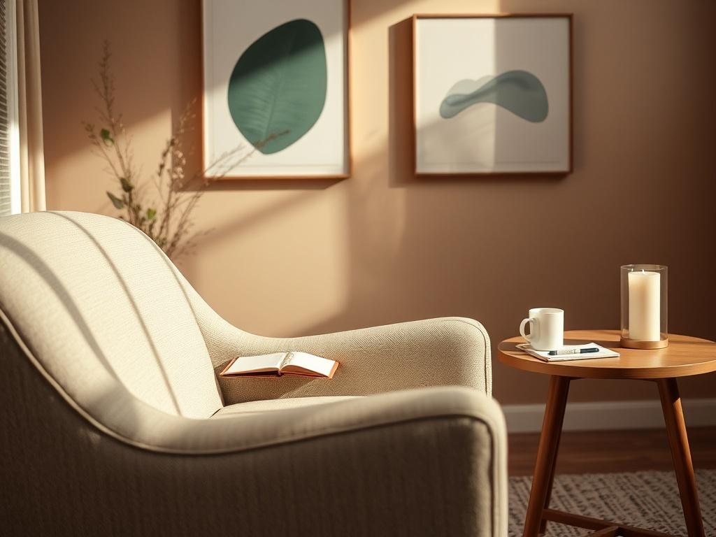 Create a realistic high-resolution photograph that visually represents the concept of "Understanding Trauma Recovery Programs." The composition should be simple and clear, featuring a single subject: a tranquil, serene therapist's office. The subject should be a comfortable, inviting armchair placed in a softly lit room, symbolizing a safe space for healing.

In the foreground, the armchair should be upholstered in a calming soft fabric, possibly in a muted earth tone, inviting individuals who seek comfort 