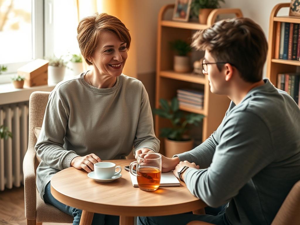 Create a realistic high-resolution photograph focusing on a single subject that embodies the essence of trauma recovery. The image should feature a compassionate therapist, a middle-aged female, sitting at a cozy, well-lit consulting room. She should be thoughtfully engaging with a client across a small, inviting table that holds a cup of tea and a notebook, symbolizing the nurturing environment of a trauma recovery program.

The therapist is dressed in soft, neutral colors to instill a sense of calm and pr