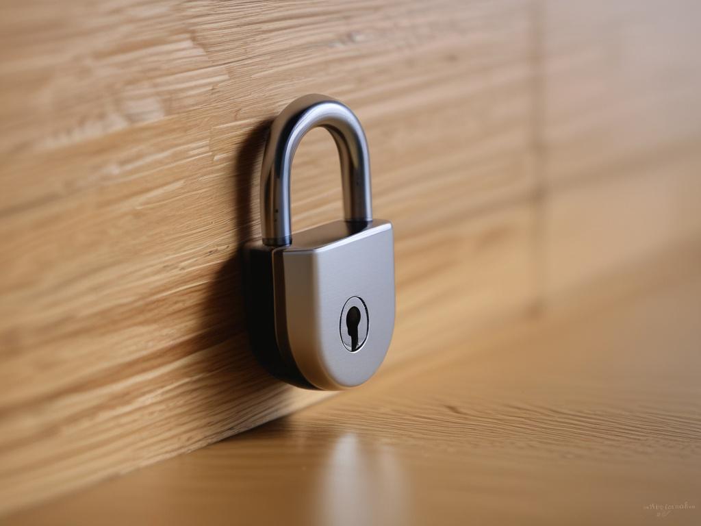 A close-up shot of a secure lock on a wooden desk, symbolizing safety and control over personal information. The focus is on the lock, with soft natural light illuminating the wood grain in the background. The image should convey a sense of trust and security, with the lock being the only subject in the frame.