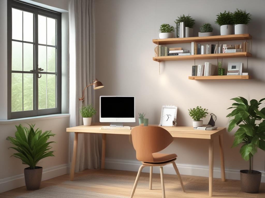A serene and inviting office space with soft natural lighting, featuring a single wooden desk with a laptop open, surrounded by plants and personal items that evoke a sense of comfort and security. The atmosphere is peaceful, with gentle colors that harmonize with a primary color of rgb(50, 170, 39). The background includes a large window with a view of a lush green landscape, enhancing the feeling of tranquility.