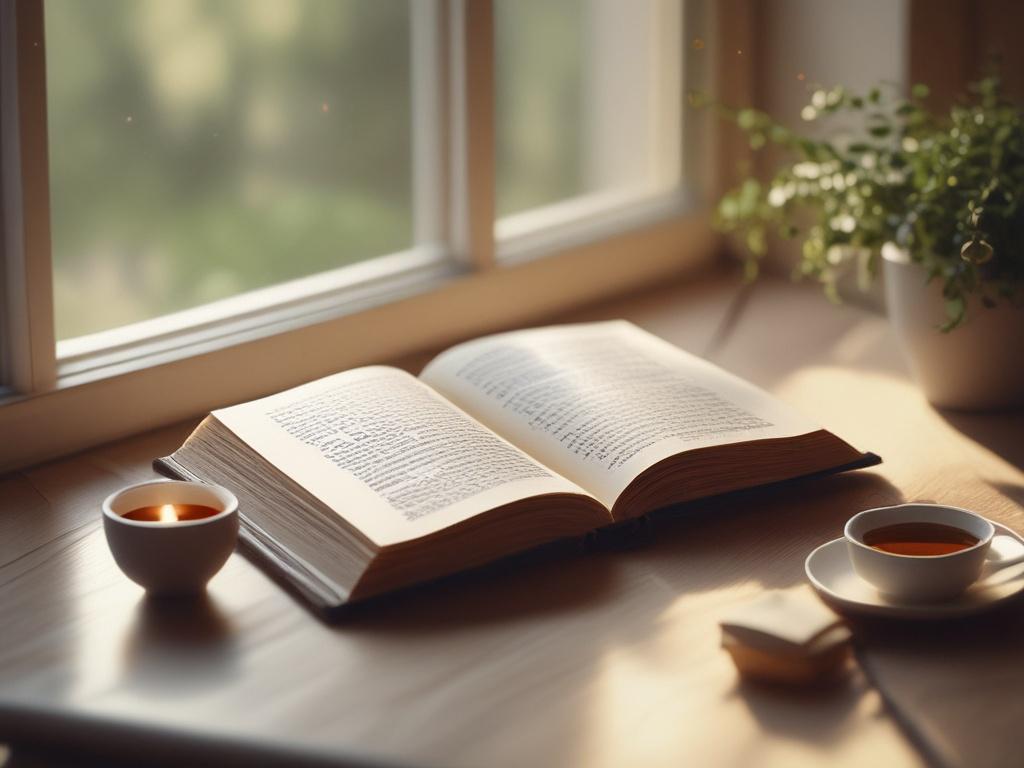 An open book resting on a wooden table, surrounded by