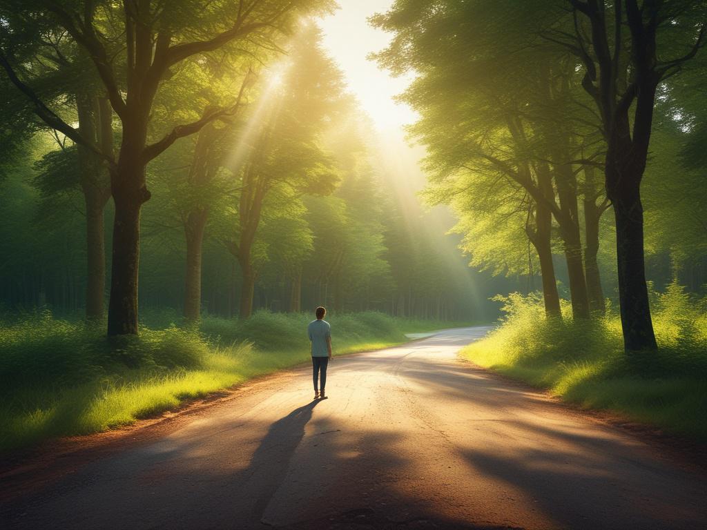 A vibrant image of a person standing at a crossroads,