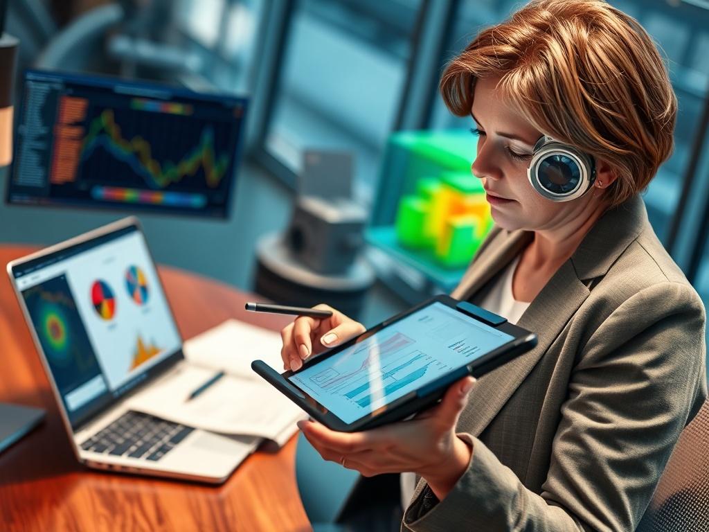 **AI Image Generation Prompt:**

Create a realistic, high-resolution photo that embodies the essence of a Thermal Management Consultant at work, specifically focusing on their role in future-proofing businesses through effective thermal strategies. 

**Composition:** The image should feature a close-up view of a seasoned thermal consultant engaged in a focused analysis. The subject should be a middle-aged professional woman wearing a smart-casual outfit, intently examining a digital tablet displaying comple