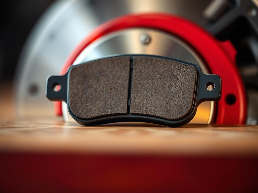 A close-up shot of a brake pad with a hyper-realistic focus, showcasing fine details and textures. The background should be softly blurred to emphasize the brake pad. The composition should be simple and clear, with the brake pad positioned centrally. The lighting should highlight the contours and materials of the pad, creating a vivid and lifelike appearance. Use the rgb(69, 10, 186) color as an accent in the background for cohesive branding.