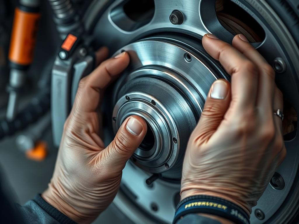 A hyper-realistic close-up shot of new brake pads being installed on a car. The technician's hands are seen carefully positioning the pads, with tools and a vehicle wheel in the background. The focus is sharp on the brake pads, highlighting their quality and design. The color scheme includes metallic tones with the primary color rgb(29, 198, 181) subtly featured in the tools used.