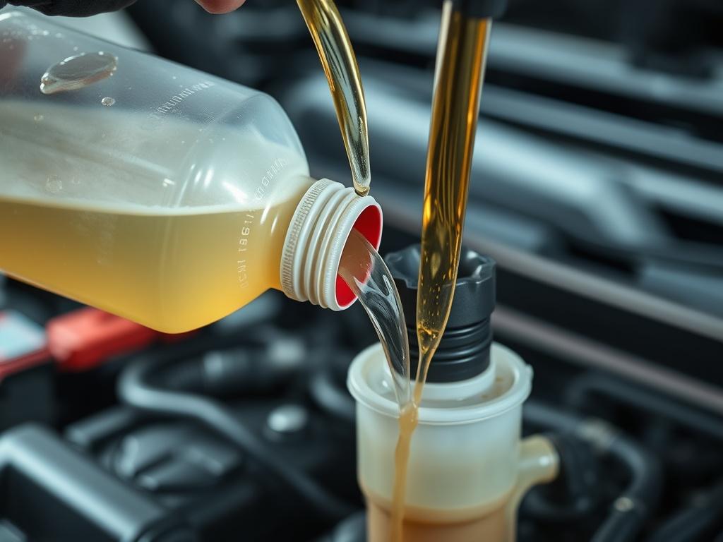 A hyper-realistic close-up shot of brake fluid being poured into a reservoir by a technician. The focus is on the fluid and the reservoir, capturing the clarity and color of the brake fluid. Tools and the vehicle's engine bay are softly blurred in the background, emphasizing the importance of this maintenance task. The primary color rgb(29, 198, 181) is subtly included in the tools used.