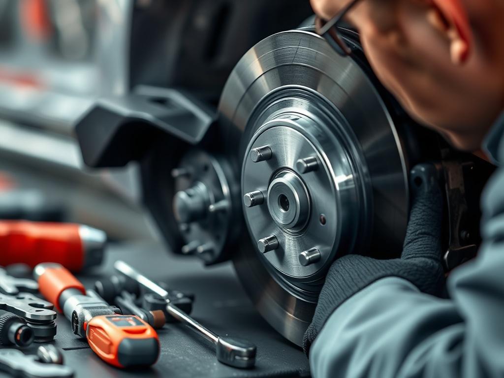 A hyper-realistic close-up shot of a technician inspecting a car's brake system, showcasing detailed brake components such as pads and rotors. The technician is focused, wearing gloves, with tools spread out neatly around them. The background is softly blurred, ensuring the brake components are the main focus of the image. The color palette includes shades of metallic gray and the primary color rgb(29, 198, 181) subtly integrated into the scene.