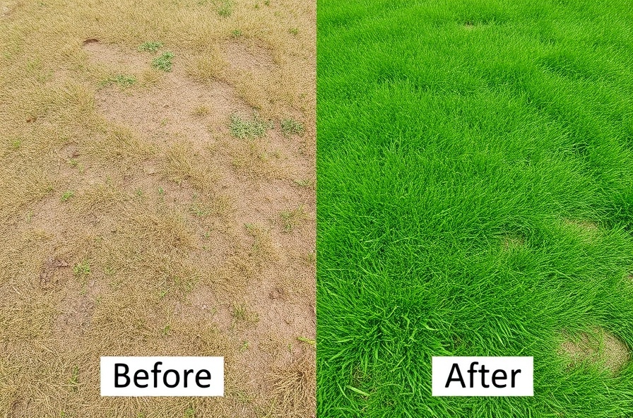Before and after grass recovery from dead brown lawn to lush green grass