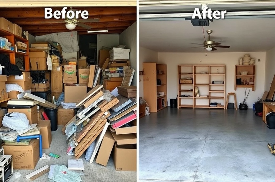 Before and after junk removal from cluttered to clean garage