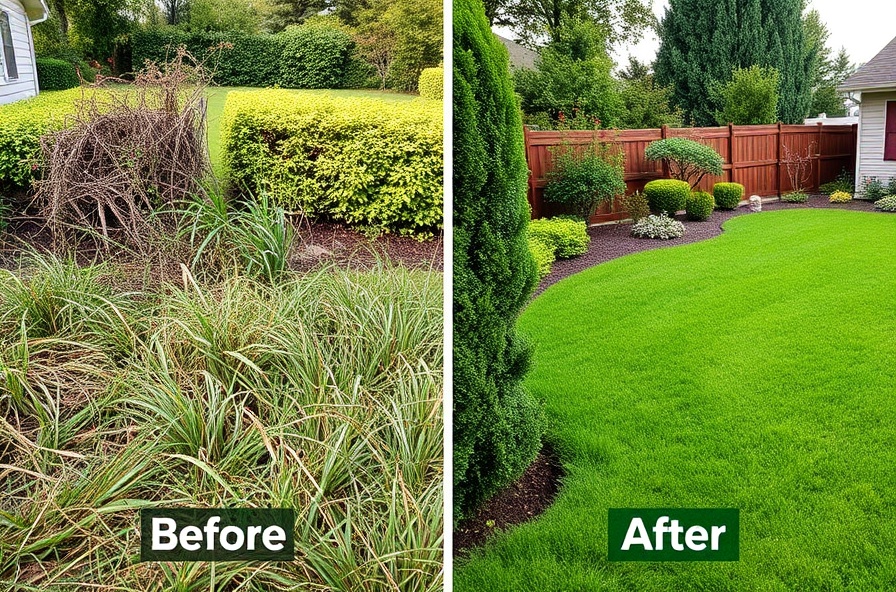 Before and after lawn care from overgrown to freshly mowed yard