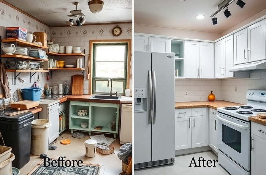 Before and after deep cleaning from dirty kitchen to sparkling clean