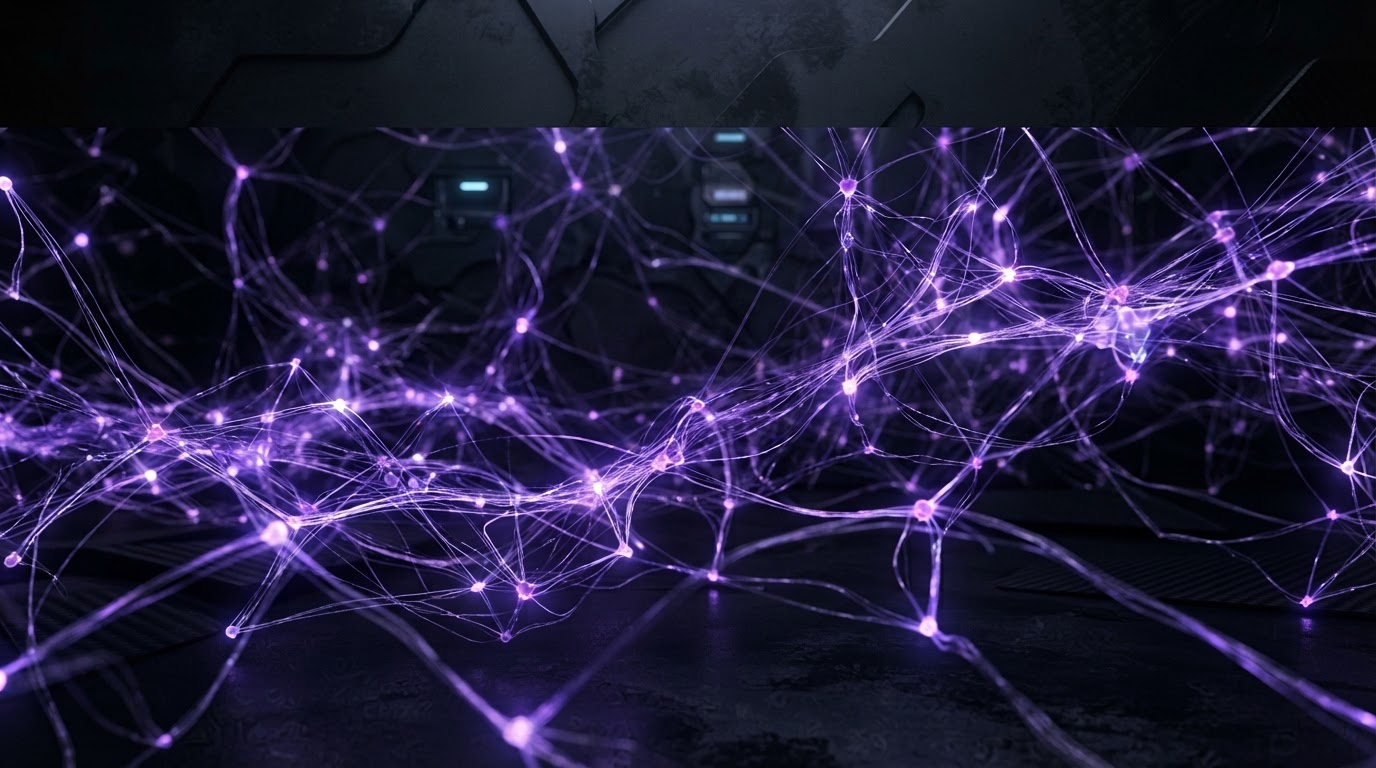 Abstract dark technology background with glowing purple neural synaptic threads